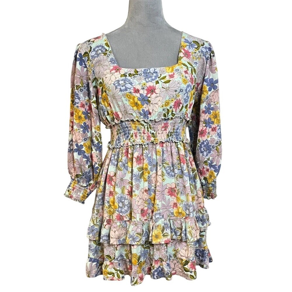 Angie Floral Boho Tiered Mini Dress Layered Cottagecore Hippie Summer Spring